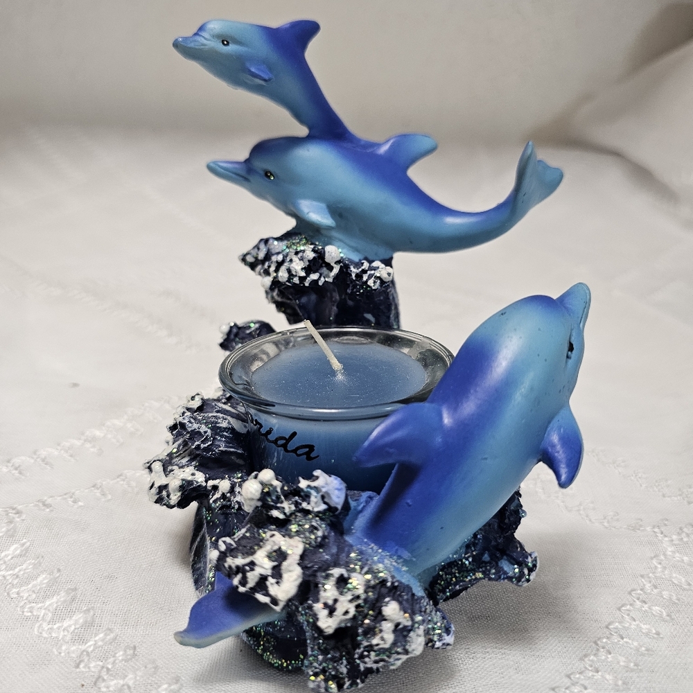 Blue Dolphins Figurine Breaching Waves Candle Holder